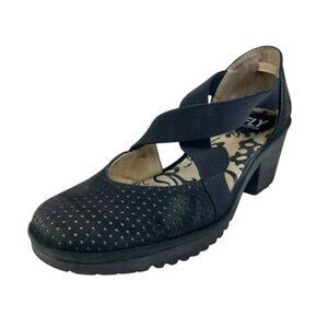 Fly London Black Perforated Suede Block Heel Sandals